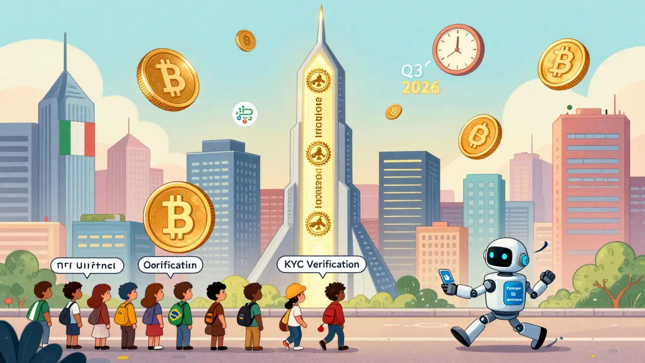 A futuristic city with a Coinbase spire, users waiting in KYC line, and options contracts floating toward 2026.