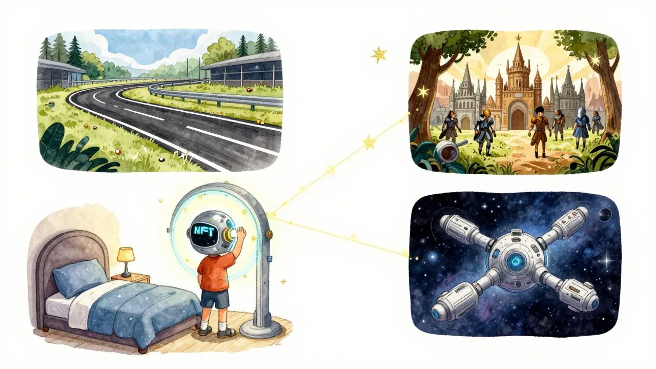 A helmet travels across three game worlds through a glowing portal, symbolizing cross-game NFT ownership.