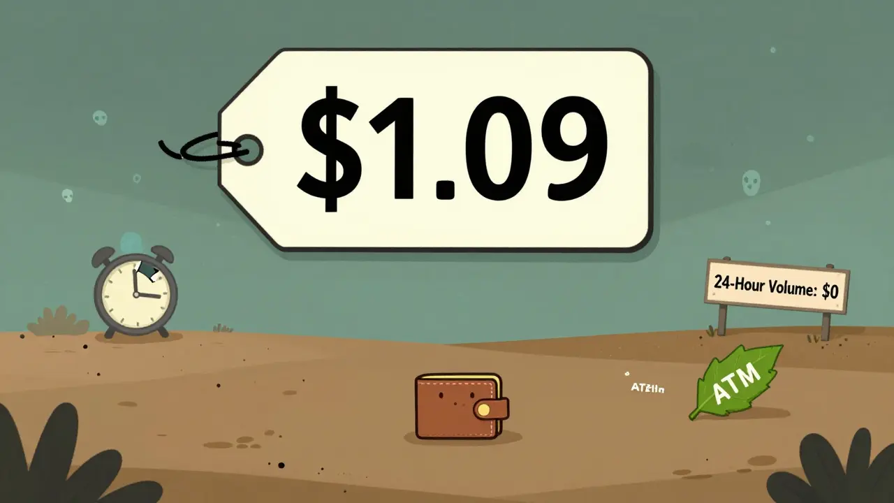 A lonely wallet sits alone on a barren digital plain, surrounded by 1,220 distant ghost dots, under a static .09 price tag with zero trading activity.