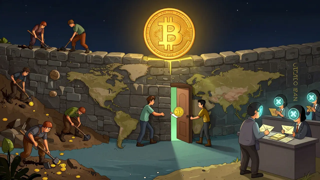 A massive wall labeled 'CHINA CRYPTO BAN' divides a world map, showing miners on one side and quiet Bitcoin transfers on the other, with a shining Digital Yuan coin casting a shadow.