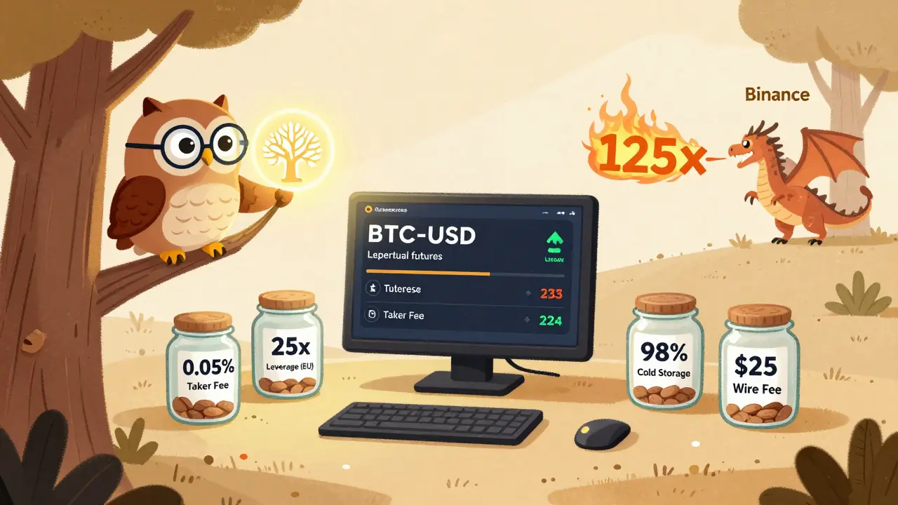A minimalist trading desk with fee jars and regulatory labels, watched by an owl holding a proof-of-reserves tree.