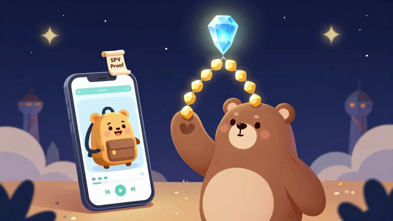 A smartphone receives a proof path of glowing hashes from a friendly full-node bear to verify a transaction.