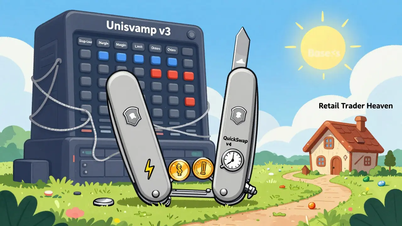 A Swiss Army knife labeled QuickSwap v4 with tools for speed and low fees, beside a tangled, overcomplicated trading terminal.