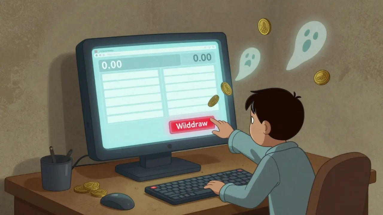 A user staring at a frozen trading screen with zero volume, as ghostly coins drift into darkness.