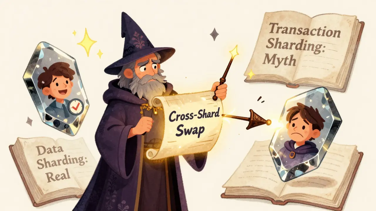A wizard struggling to split a transaction across two floating shards, with the scroll tearing apart in sparks.