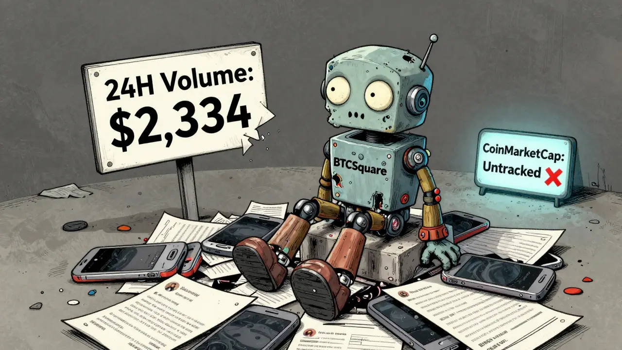 A zombie robot mascot of BTCsquare sitting on discarded tech, beside a sign marked 'Untracked' by CoinMarketCap.