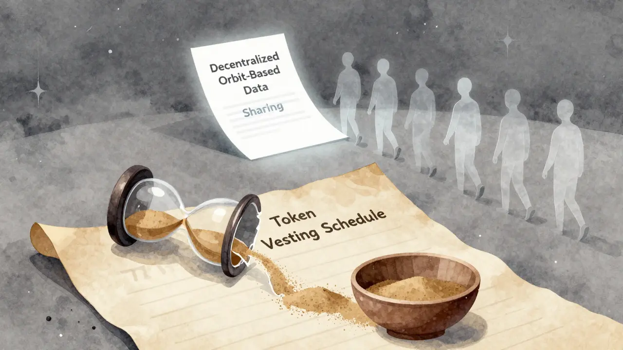 An hourglass draining sand into an empty bowl beside a faceless team walking away from a vague whitepaper.