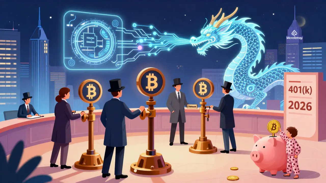 An imaginative trading floor with institutional investors operating levers for crypto assets, guided by a glowing AI dragon above.