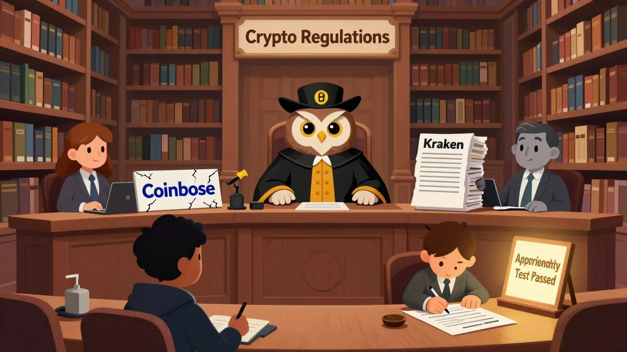 An owl judge oversees crypto firms in a library courtroom with audit files and a retail investor signing a form.