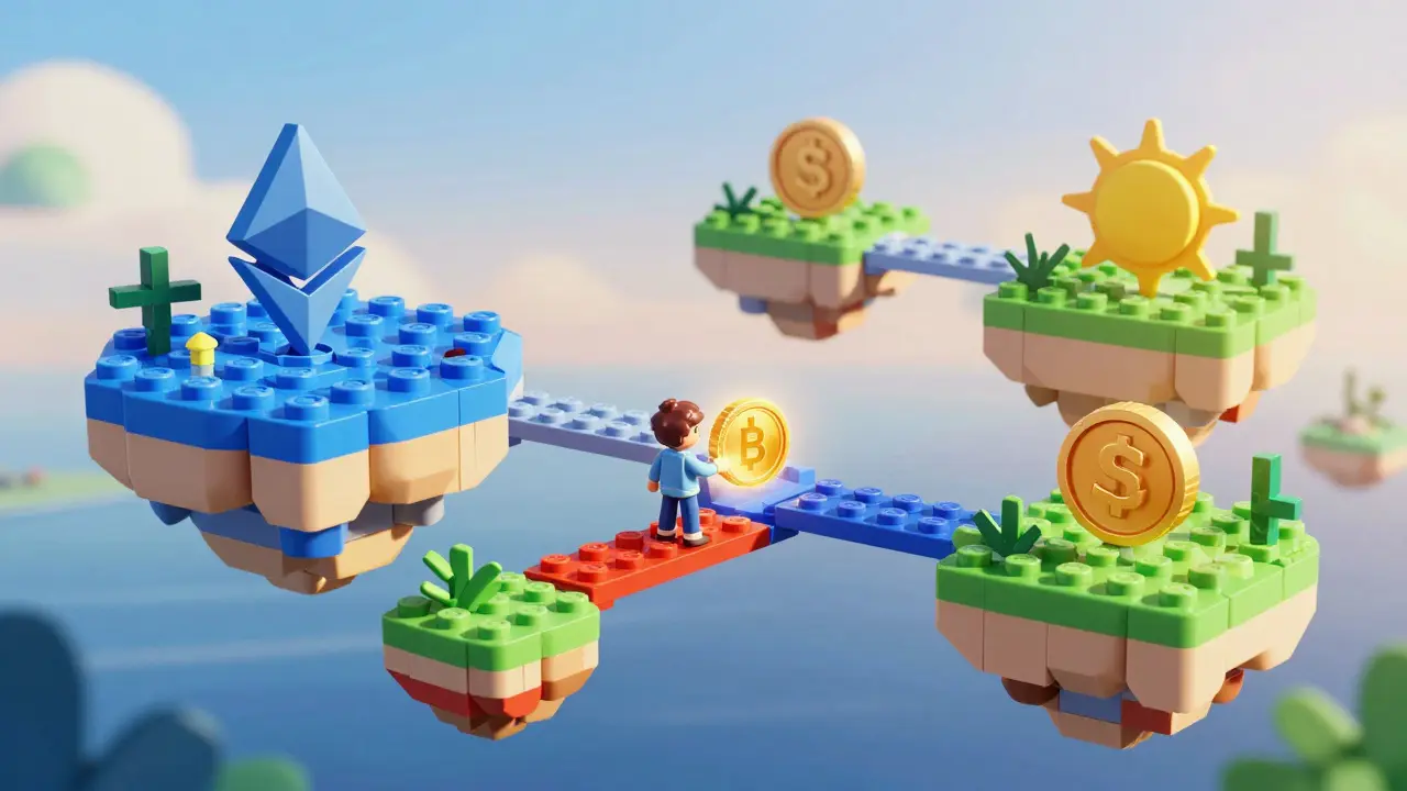 Blockchain islands connected by LEGO bridges with token transforming between chains.