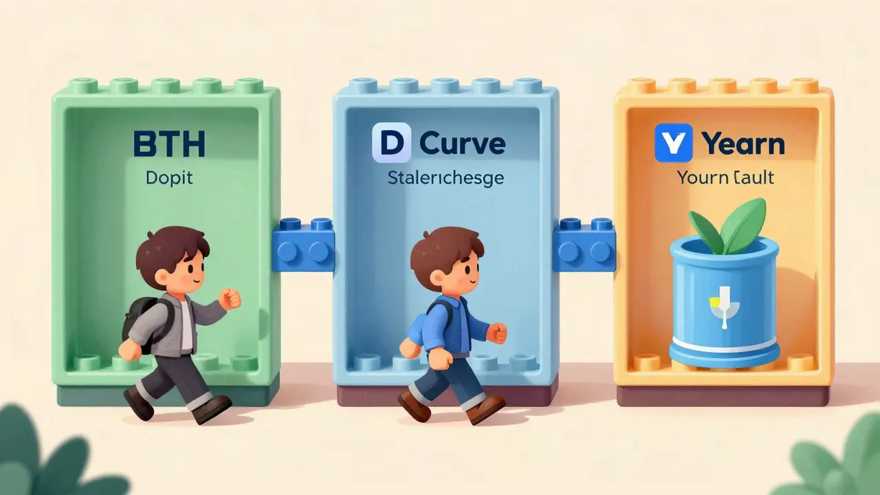 Character moving through DeFi protocol rooms connected by LEGO bricks for lending, trading, and yield.