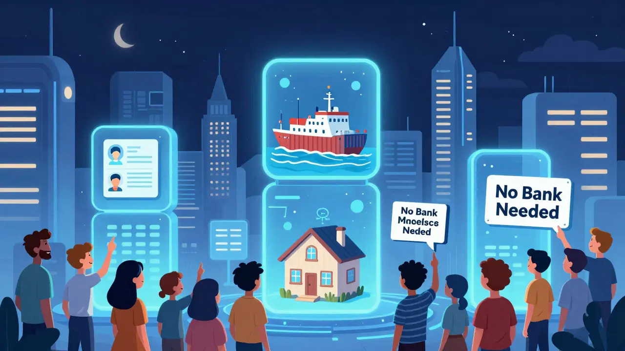 City with block-shaped buildings showing real-world uses of blockchain, people smiling at signs saying 'No Bank Needed'.