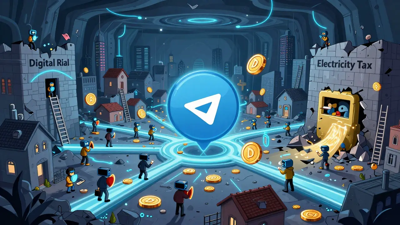 DAI coins flow through a city as users climb digital ladders past government walls, using Tor and MetaMask to escape control.