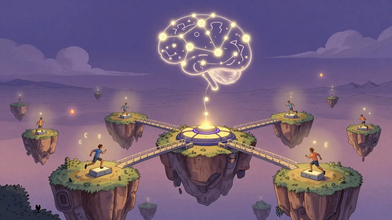 Floating scientific challenge islands connect via light bridges to a central hub under a starry sky of TIG tokens.