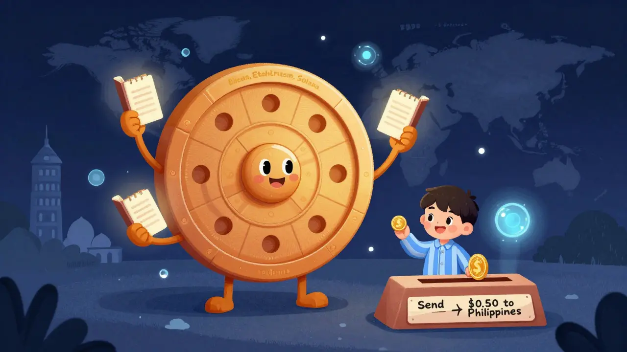 Friendly computer nodes holding ledgers around a spinning blockchain wheel, a child sending crypto with a coffee cup icon.