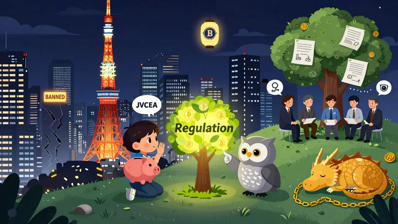 Licensed exchanges glow in Tokyo skyline while unlicensed ones are dark; child with Bitcoin piggy bank talks to owl.