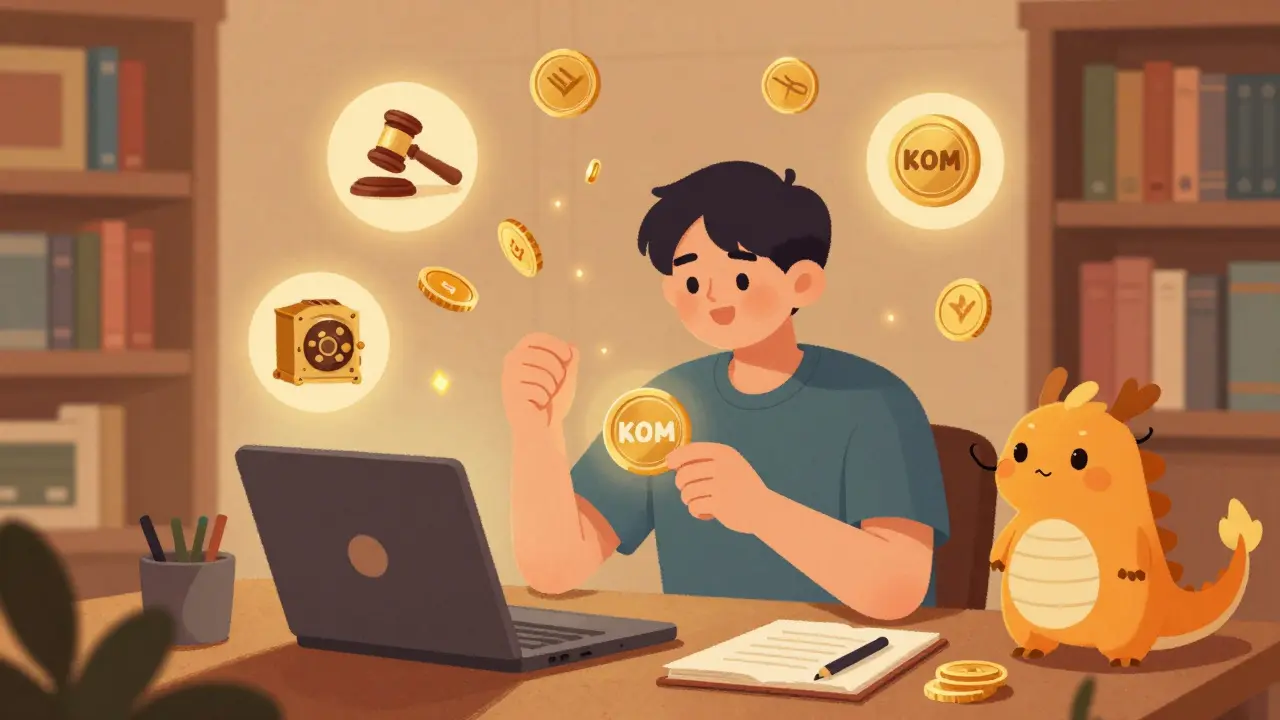 Person staking KOM tokens with governance gavel and revenue coins.