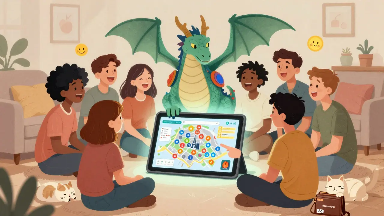 Players gather around a tablet, watching a customizable dragon, with digital property maps and a wallet visible.