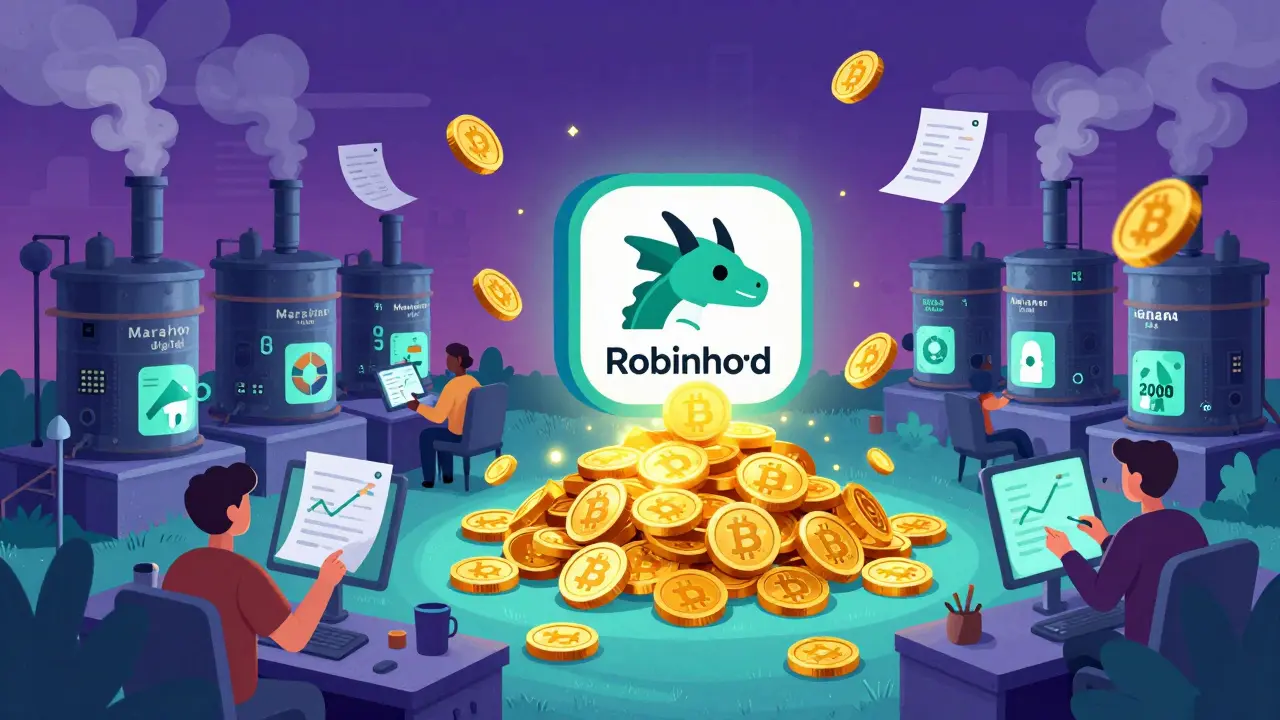 Robinhood's dragon guards Bitcoin coins in a marketplace with mining rigs and floating price charts.