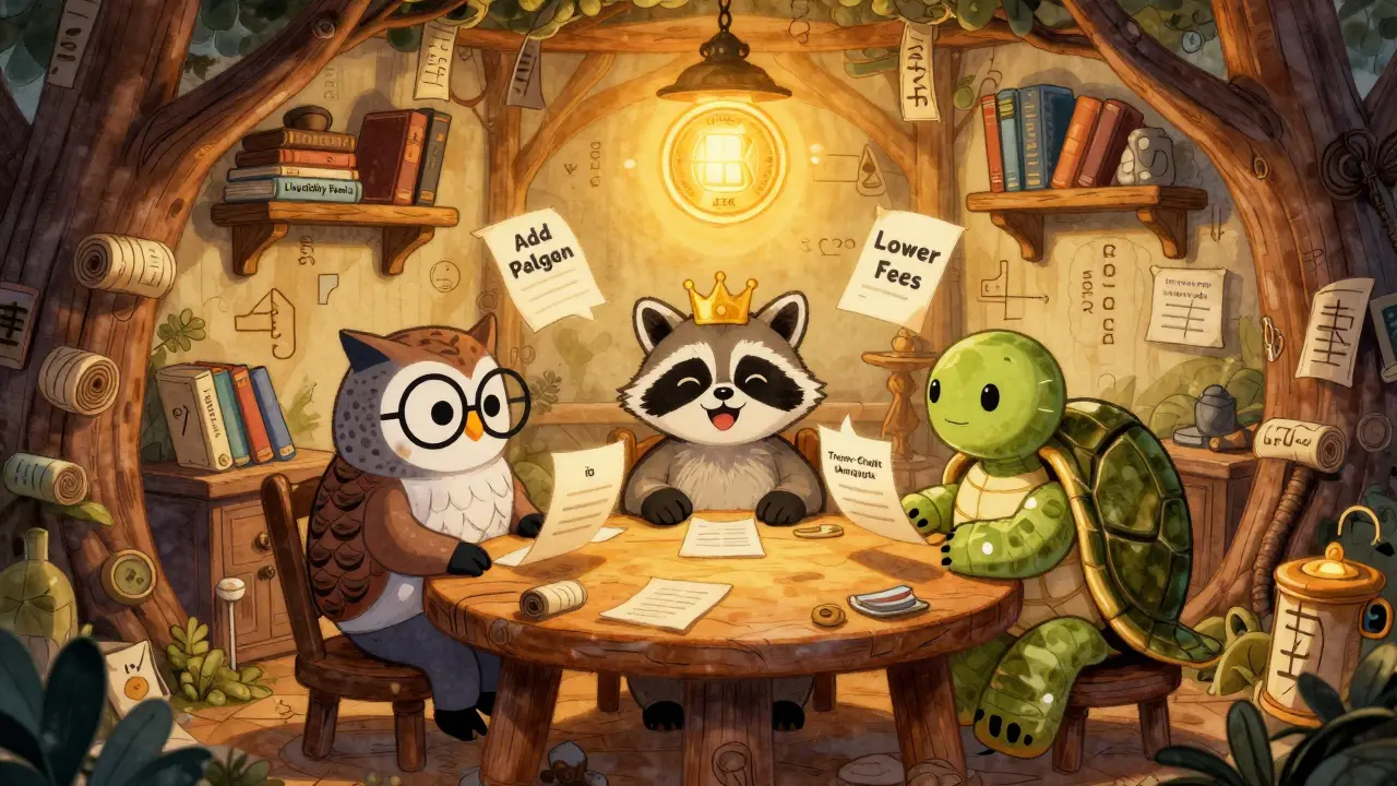 Three animated wallets vote on proposals inside a treehouse DeFi hub, with a glowing ELK token floating above like a crown.