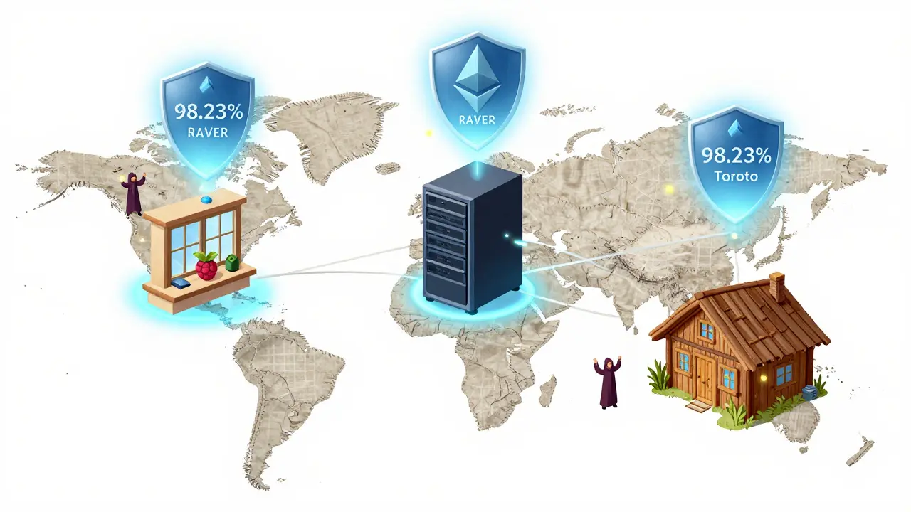 Three distant nodes connected by glowing threads on a fabric map, with a shield displaying 98.23% RAVER score.