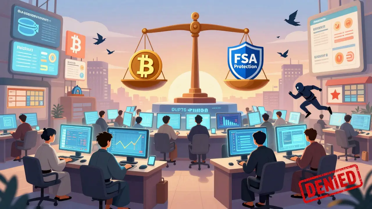 Traders in Japan monitor crypto charts under a scale balancing Bitcoin and FSA protection.