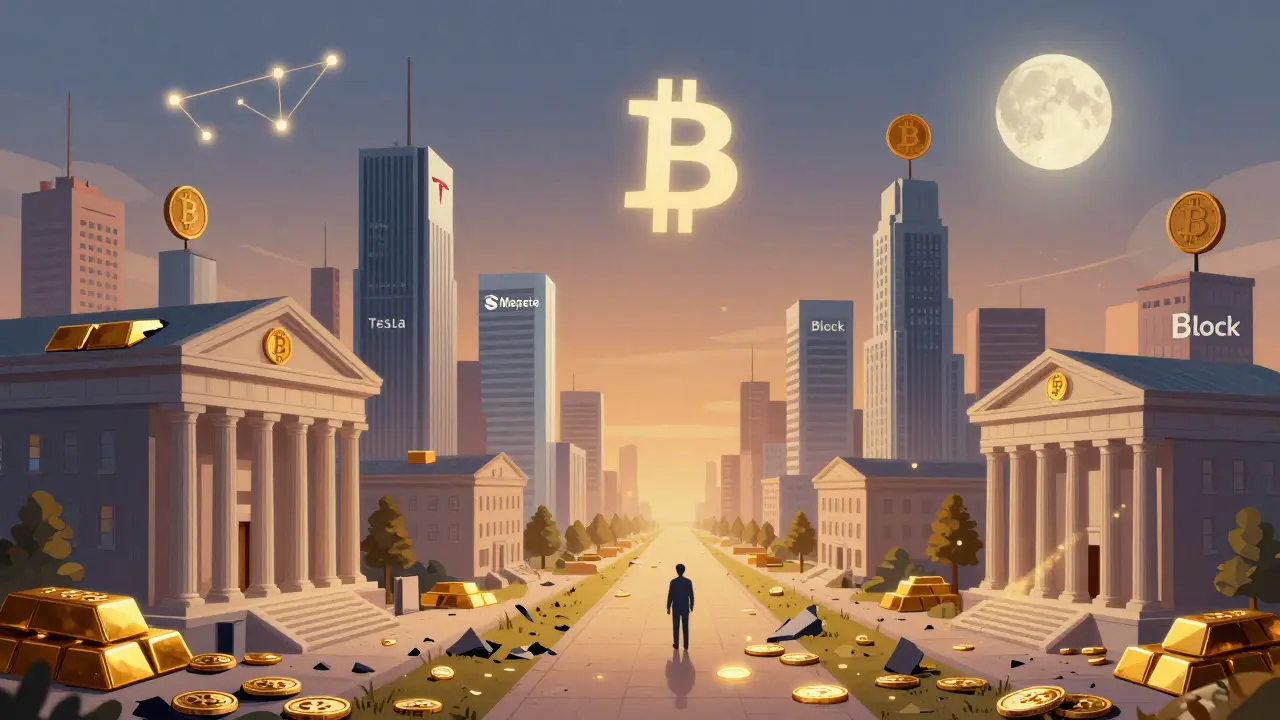 Traditional banks crumble as Bitcoin towers rise, with a glowing path from retail to corporate holders.