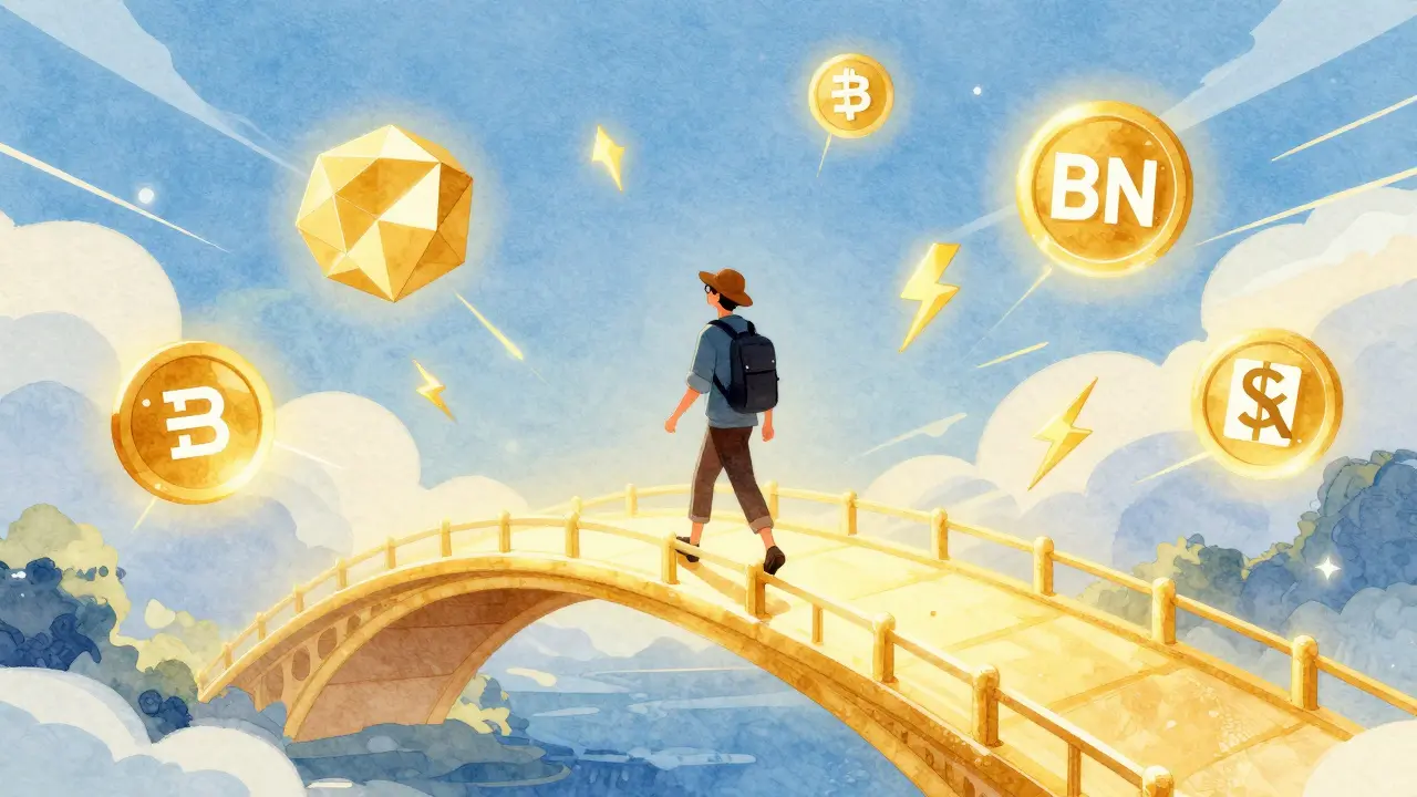 Traveler crossing a bridge with symbols of Polygon and BNB Chain networks.