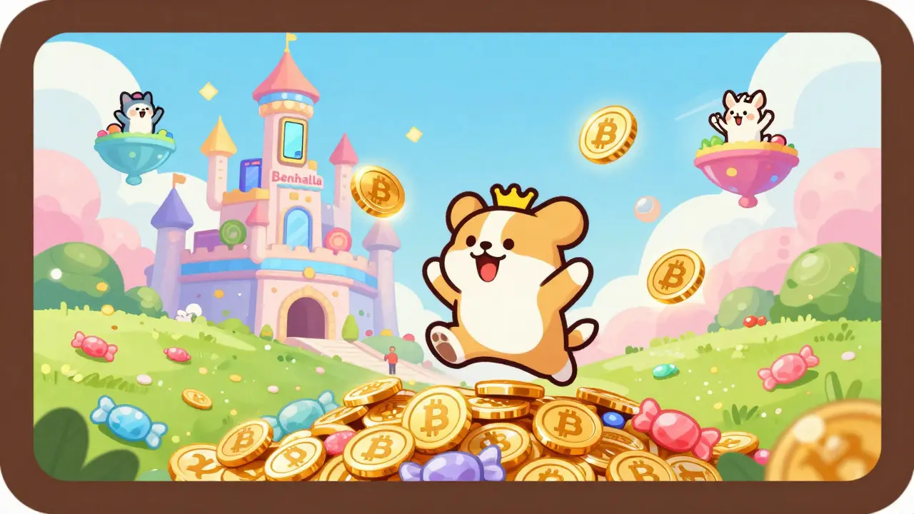 A bouncing dog character collects crypto coins in a whimsical mobile game world called Benhalla.