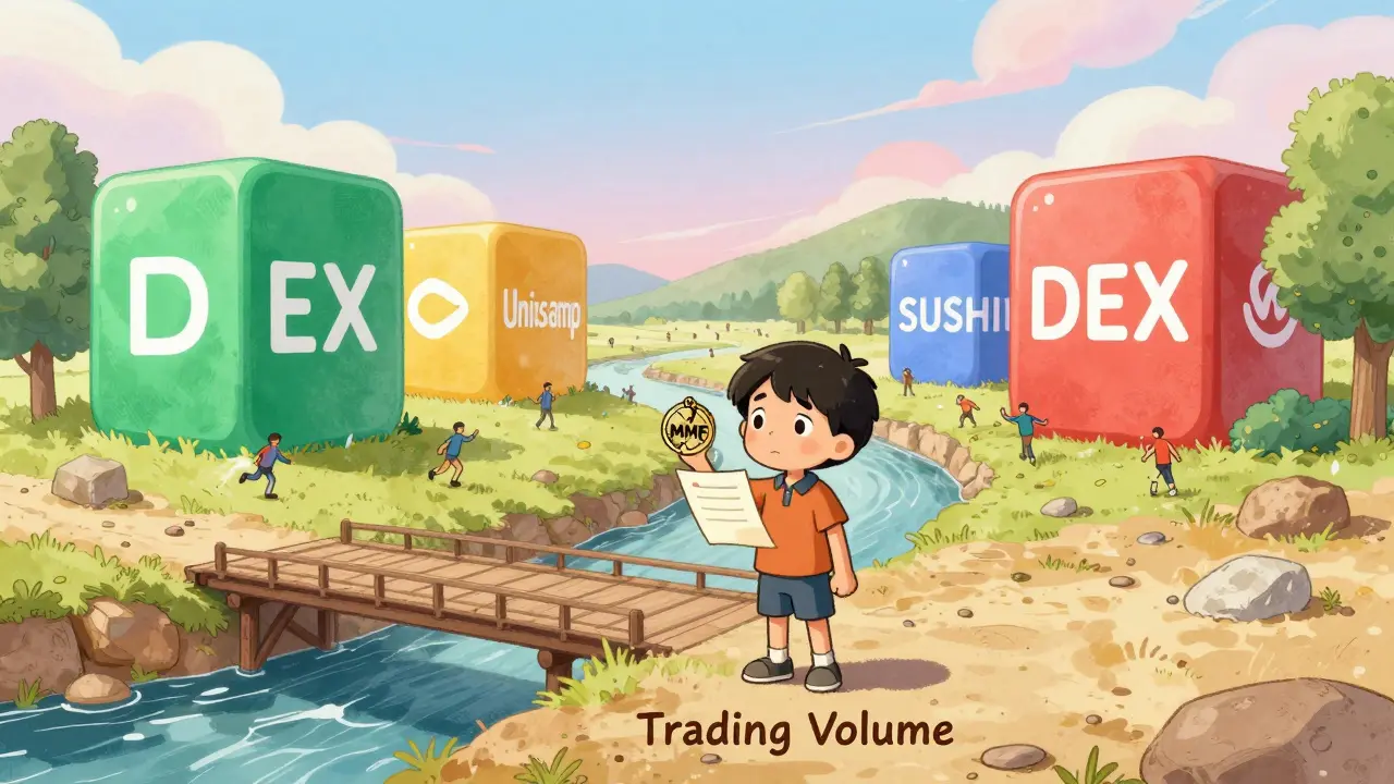 A child holds a broken MMF token on a dry trading volume river, while lively DEXs thrive in the distance.