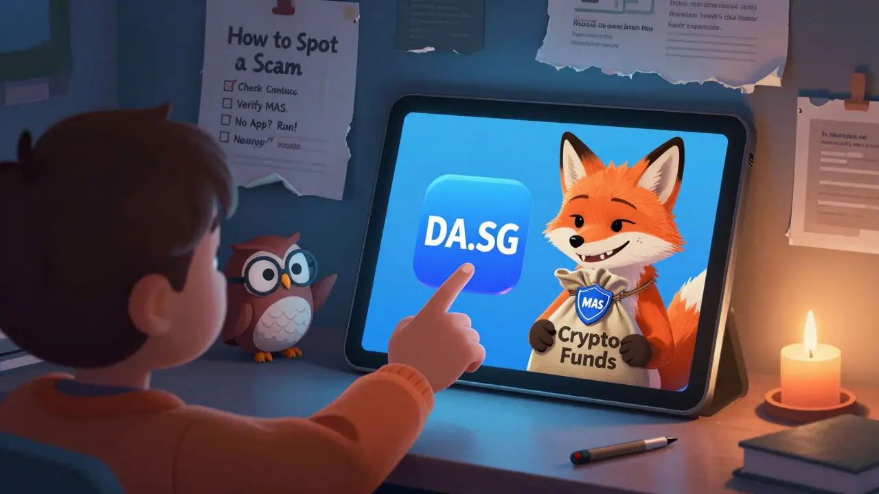 A child reaches for a fake crypto app as a fox in disguise holds stolen funds, with a wise owl guiding them to spot scams.