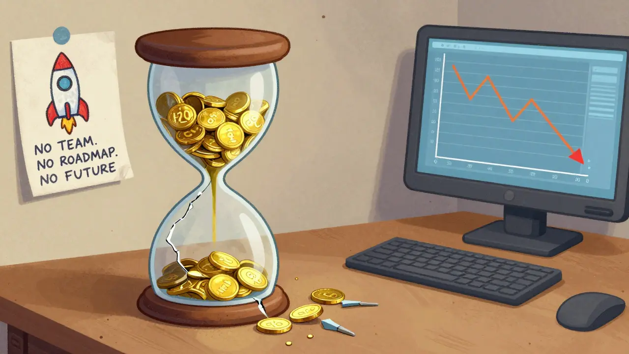 A cracked hourglass shows MERY tokens draining away, next to a child's drawing with 'NO FUTURE' written beneath.