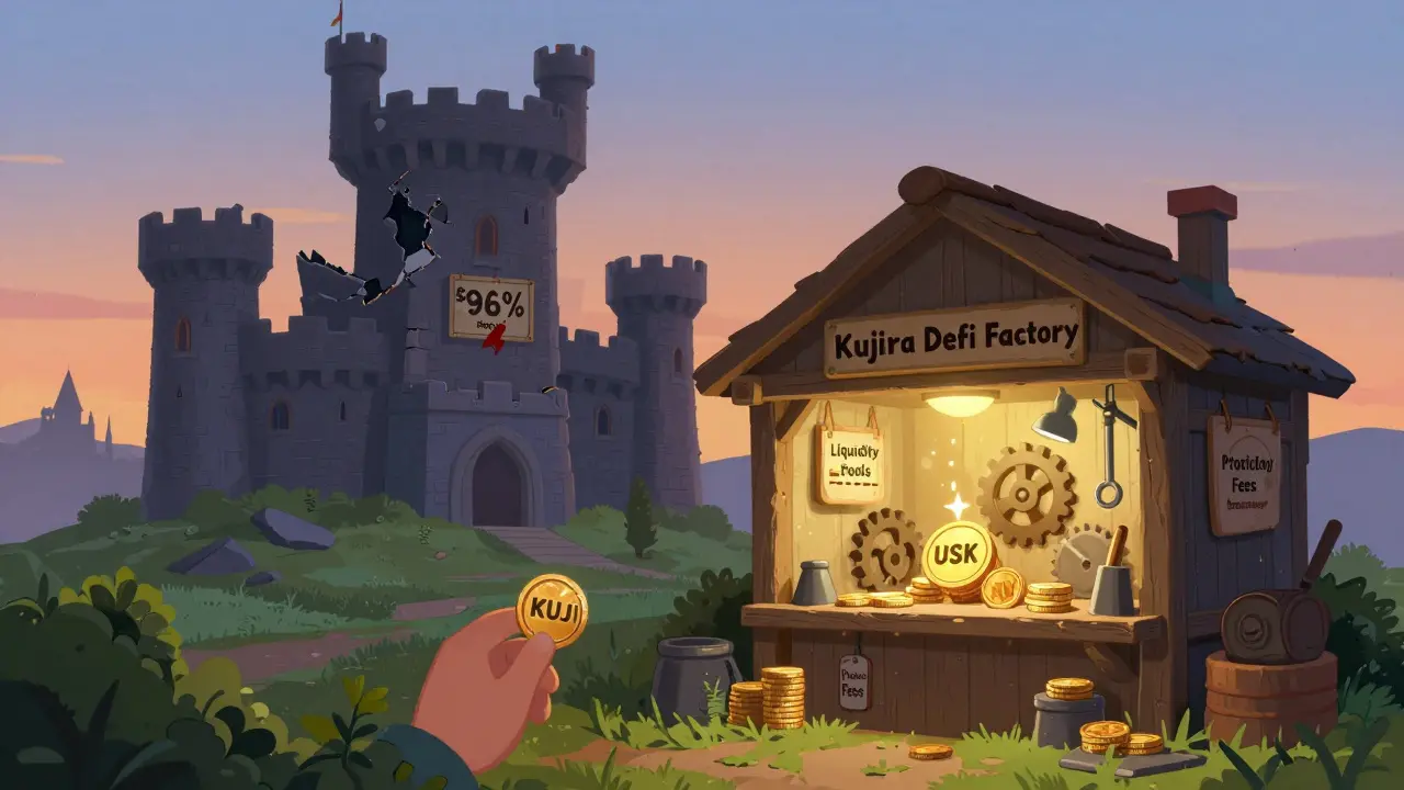 A crumbling speculation castle vs. a steady DeFi workshop producing real yield, with a hand offering a KUJI token at dawn.