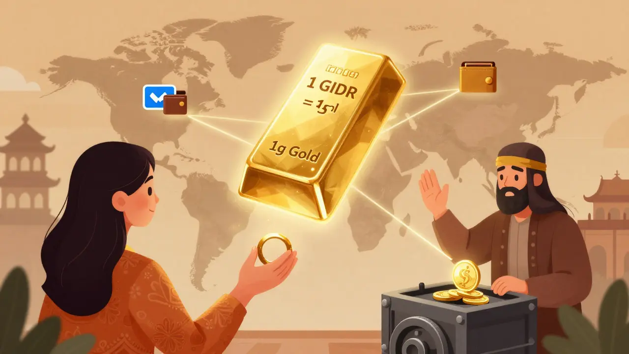 A digital gold bar moves between wallets across continents via a glowing Polygon blockchain network.