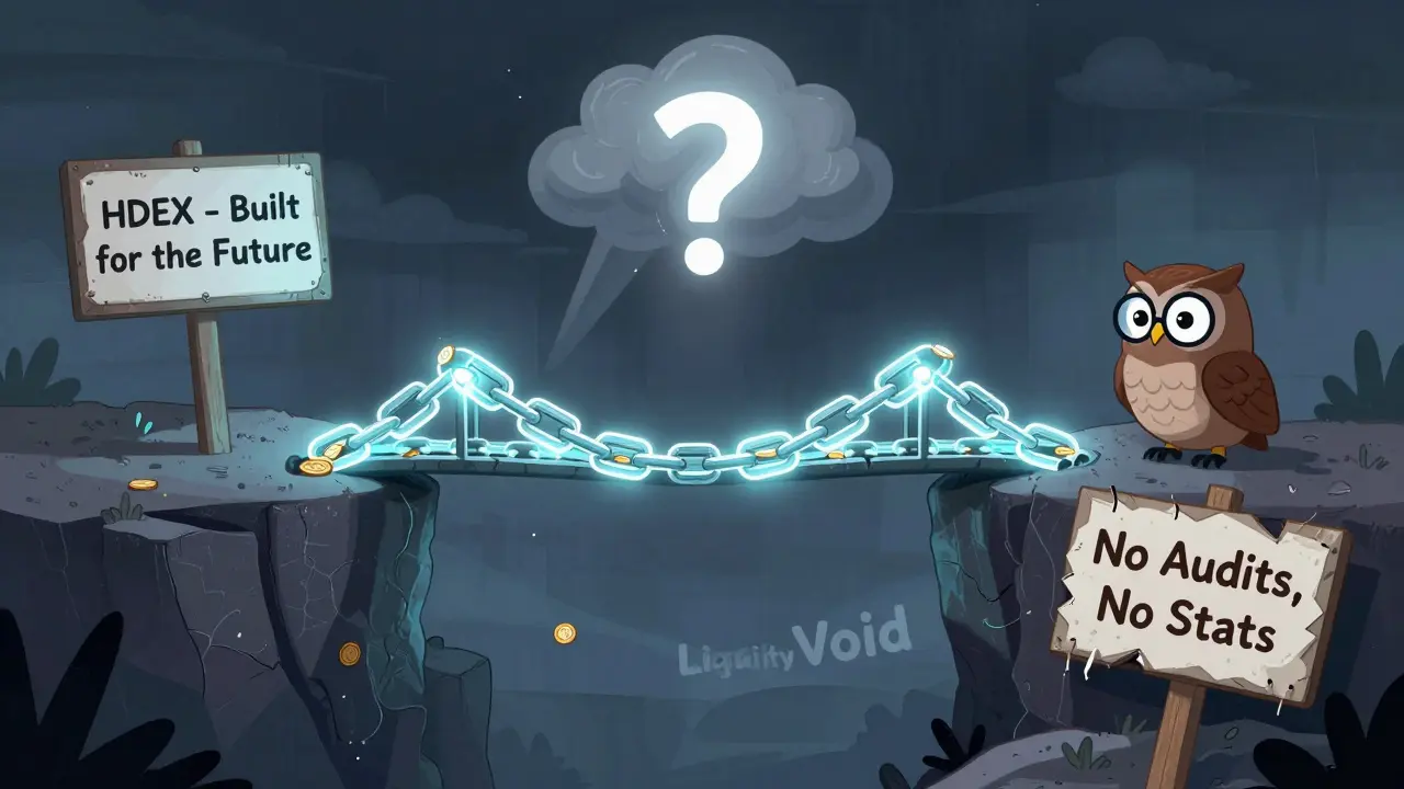 A fragile bridge of blockchains spans a liquidity void, with a warning sign and an observing owl symbolizing risk.