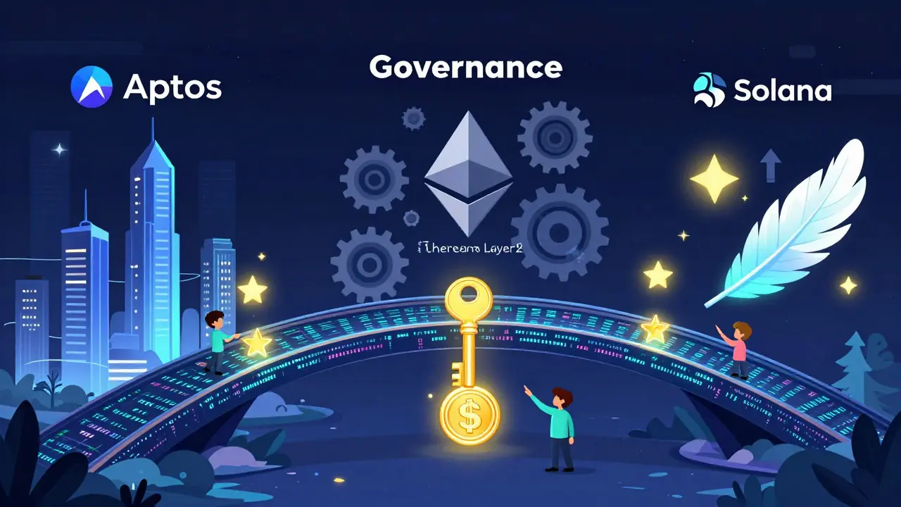 A glowing bridge connects three blockchain realms with LSD tokens as keys, symbolizing cross-chain governance by community members.