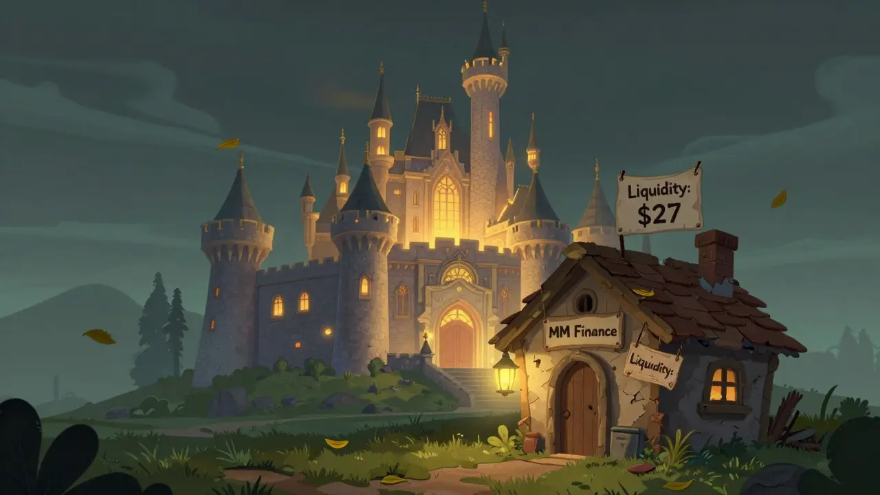 A grand Arbitrum castle towers over a tiny, abandoned MM Finance shack with a  liquidity sign.