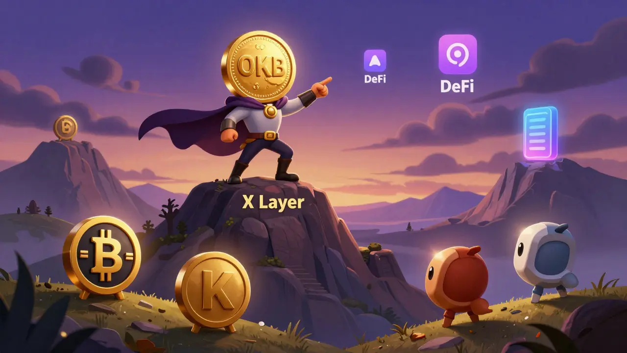 A heroic OKB token stands atop a blockchain mountain, looking down at rival tokens, while DeFi apps and payment terminals glow in the distance.