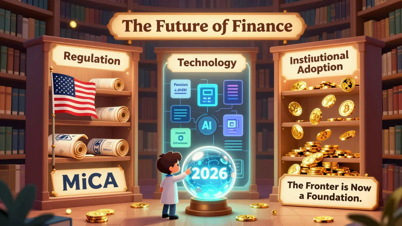 A magical library with three shelves showing regulation, technology, and institutional adoption shaping crypto's future.