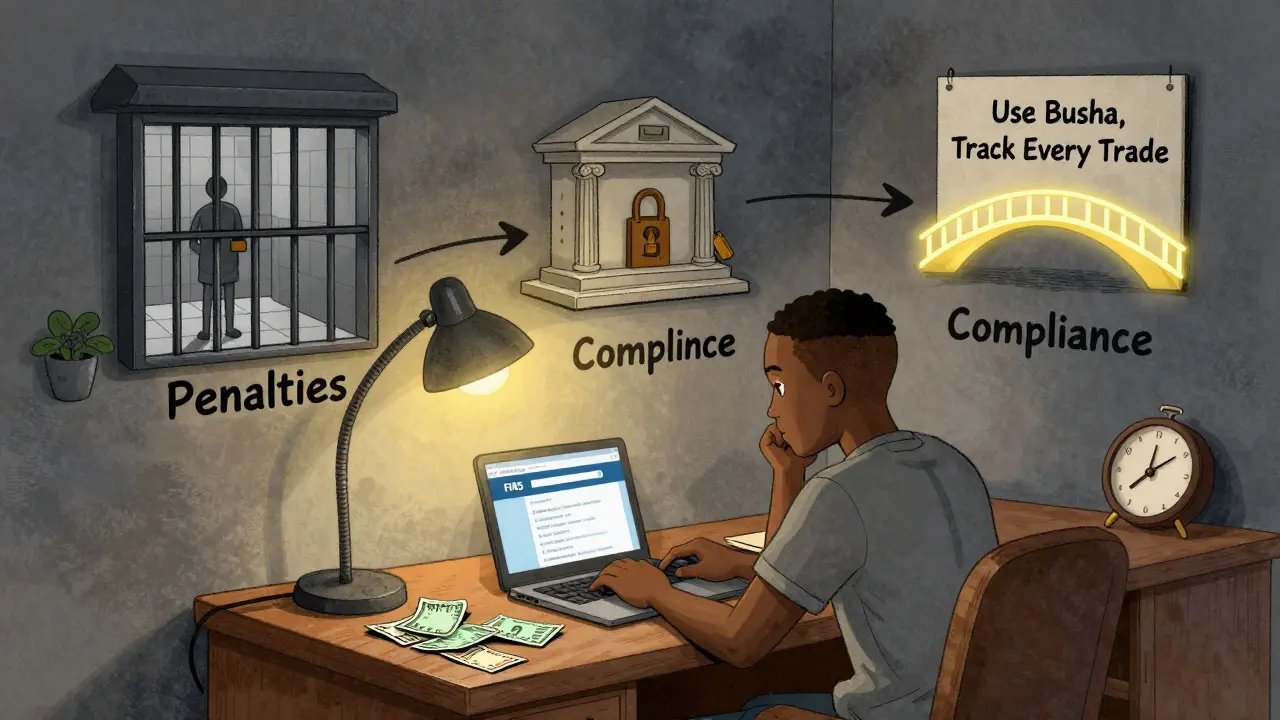A man at his desk uses the FIRS tax portal as a mural shows paths to compliance or penalties.