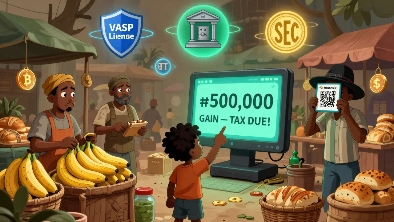 A Nigerian marketplace accepts crypto payments while regulatory icons hover above, warning of compliance requirements.