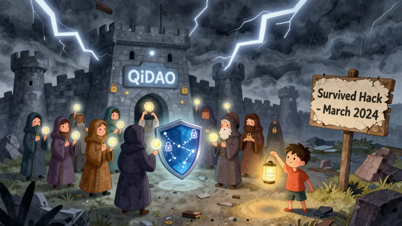 A storm-damaged QiDAO fortress being repaired by a community voting with locked QI tokens, in storybook illustration style.