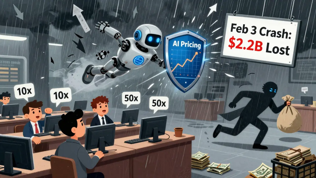 A storm of liquidation arrows crashes over leveraged traders as an AI robot defends with on-chain data shields.