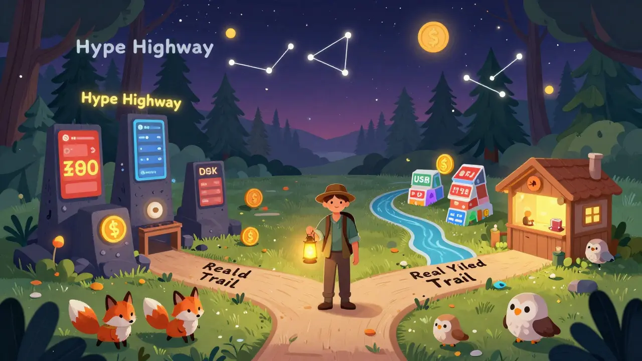 A traveler at a crossroads between a collapsing hype highway and a quiet trail with working DeFi tools under a cosmic sky.