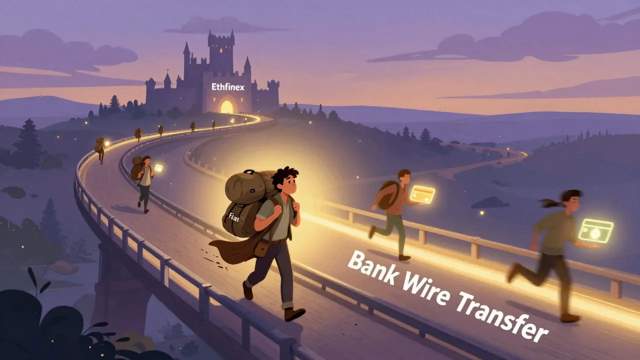 A traveler walking slowly across a long bridge labeled 'Bank Wire Transfer' while others rush by with credit cards.