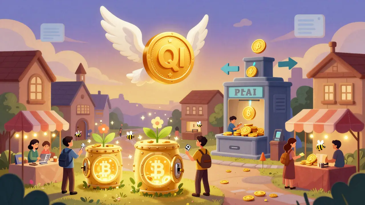 A vibrant town where people use MAI stablecoins and earn yield from glowing crypto assets, in storybook illustration style.