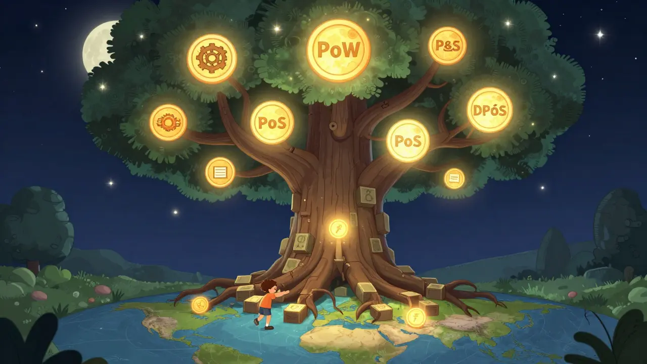 An ancient blockchain tree with roots of blocks, branches for PoW, PoS, and DPoS, glowing under a starry sky.