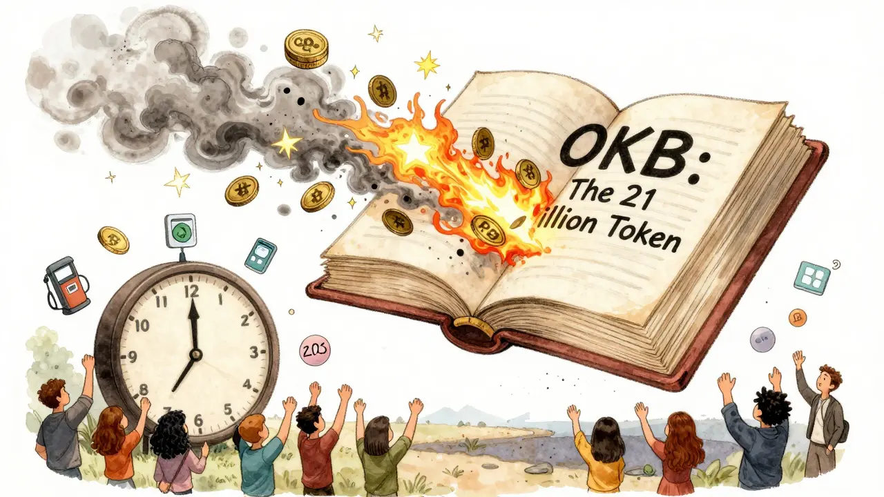 An ancient book opens to release burning OKB tokens that turn into stars, as users celebrate beneath symbols of global payments under twilight light.