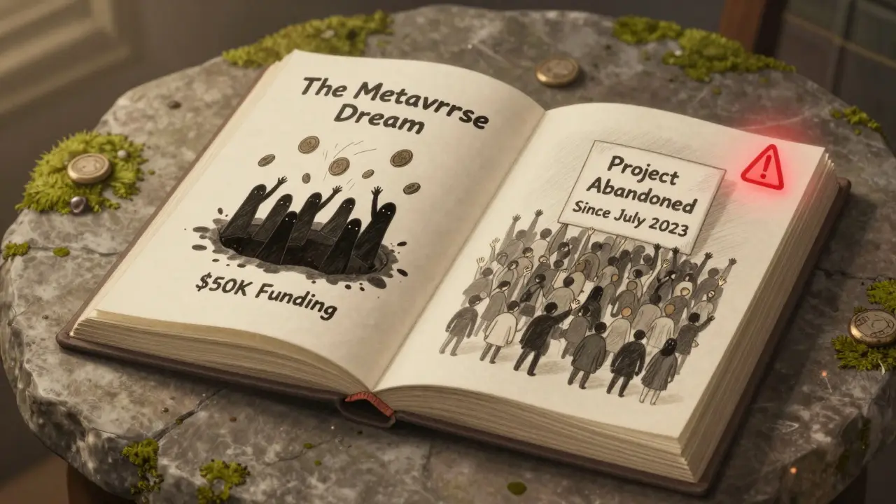 An open book titled 'The Metaverse Dream' turns to ash, showing shadowy figures tossing money into a black hole.
