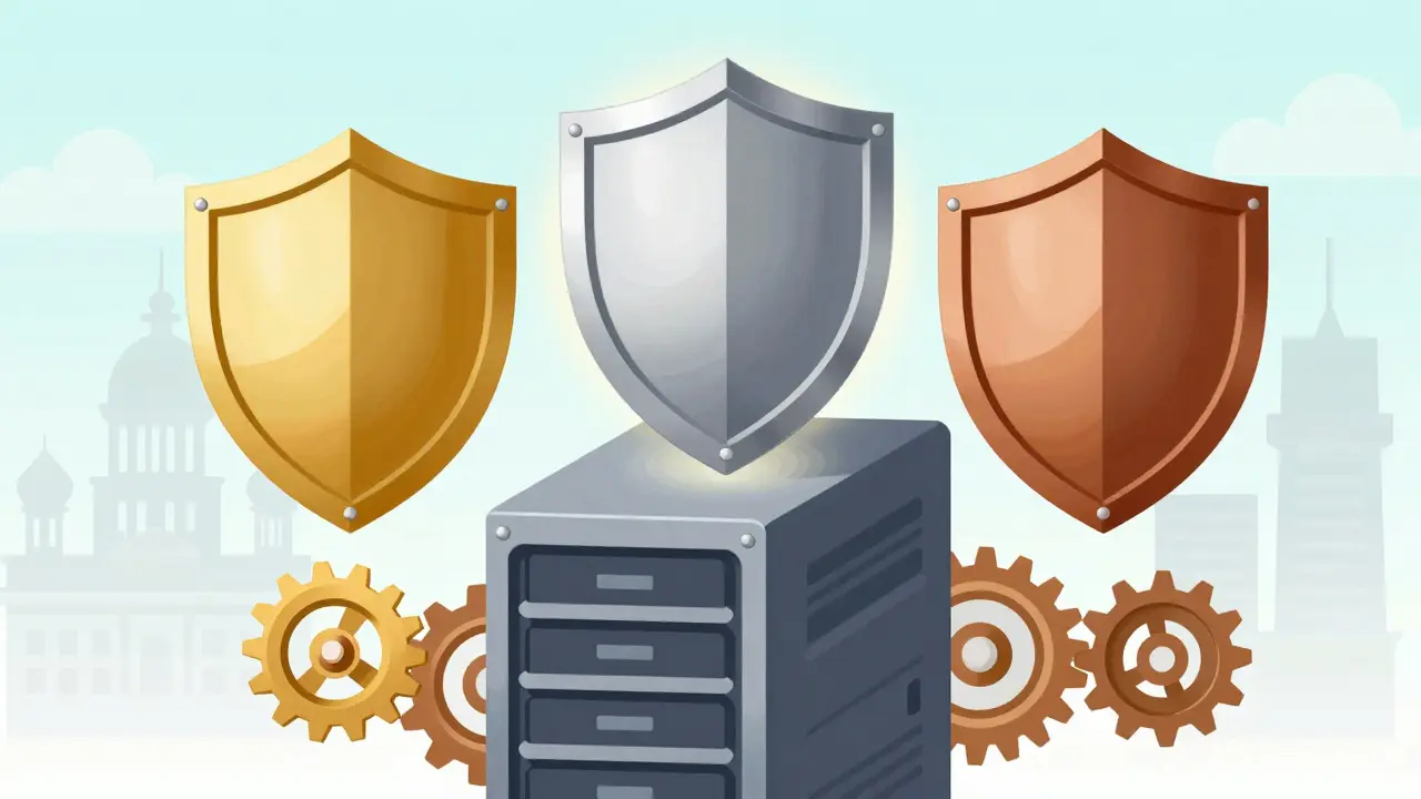 Cartoon art showing three colorful shields protecting a server tower from attacks.